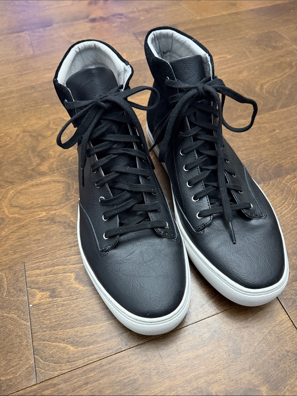 Men's Black High-Top Leather/Suede Sneakers with White Sole
